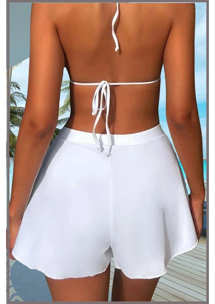 Kadın Beyaz Deniz Havuz Şortu Etek Görünümlü Yırtmaçlı Şık Model Summer Beach Short HB11100 fiyatları