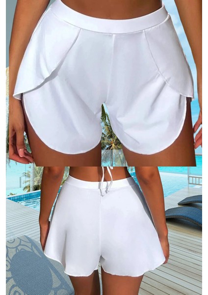 Kadın Beyaz Deniz Havuz Şortu Etek Görünümlü Yırtmaçlı Şık Model Summer Beach Short HB11100 modelleri