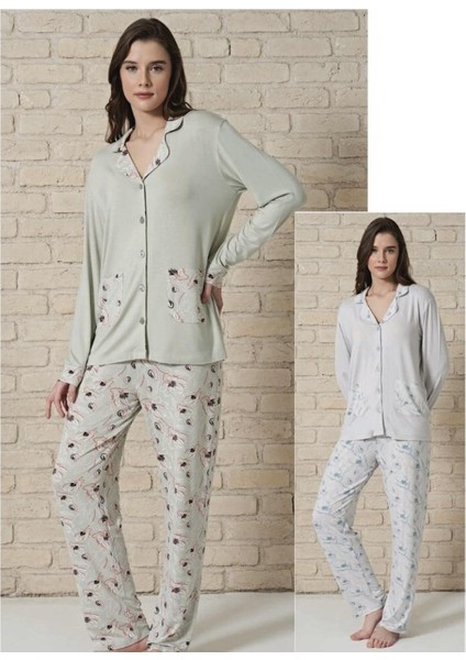 Kadın Viskon Düğmeli Uzun Kollu Pijama Takımı 1728