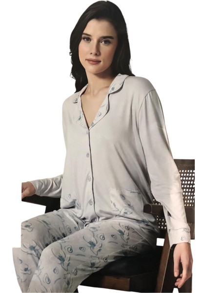 Kadın Viskon Düğmeli Uzun Kollu Pijama Takımı 1728