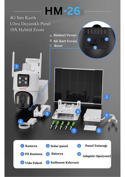 Hm-26 4G Sim Kartlı Solar Paneli 4MP HD Görüntü 10X Zoom IP Güvenlik Kamerası