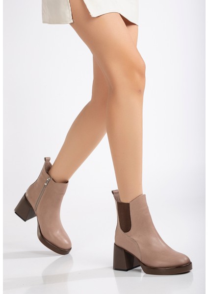 Kadın Deri Lastikli Kalın Topuklu Bot - Taş