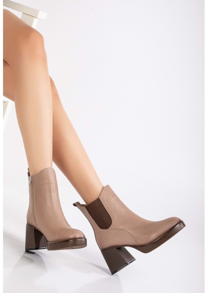 Kadın Deri Lastikli Kalın Topuklu Bot - Taş fiyatları