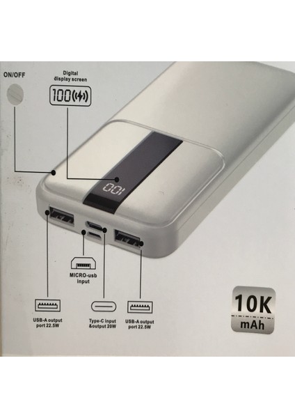22.5W 10000MAH Pd+Qc 3.0 Type-C/2 Usb/micro USB LCD Ekranlı Powerbank