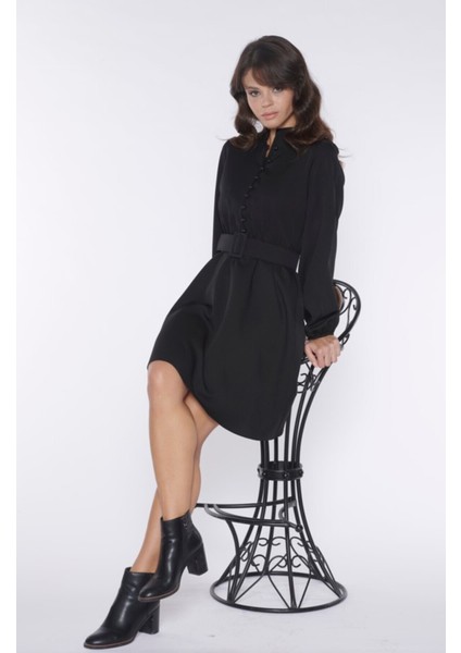 Allurra Siyah Kemerli Elbise