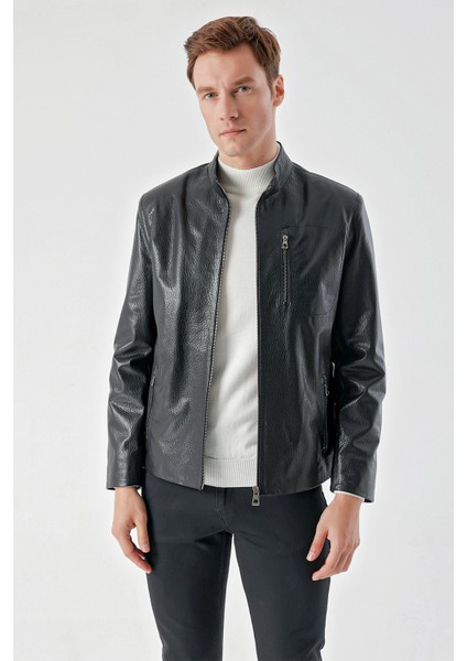 Erkek Siyah Ibiza Motorcu Kısa Deri Mont