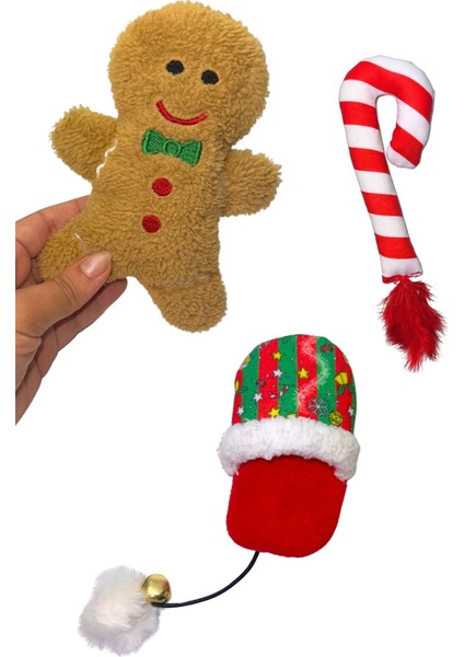 Yılbaşı Temalı Kedi Oyuncak Seti Hışırtılı Kurabiye, Ponponlu Terlik ve Çıngıraklı Baston Şeker