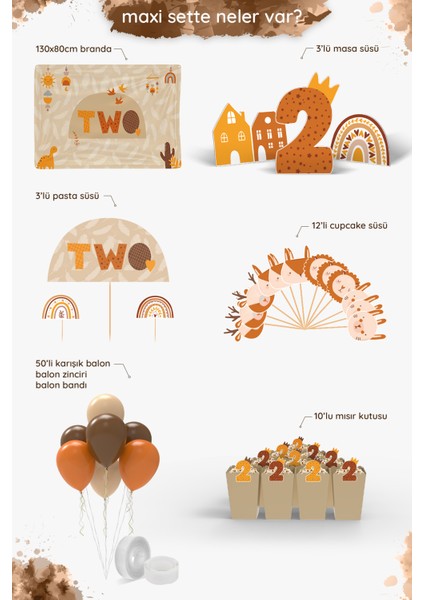 Boho Baby Natural Gökkuşağı Temalı 2 Yaş Doğum Günü Parti Seti - Maxi fiyatları