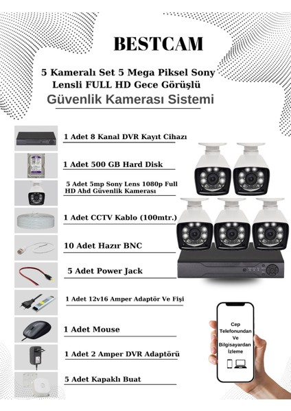 5 Kameralı Set 5 Mega Piksel Sony Lensli Full Hd Gece Görüşlü Güvenlik Kamera Seti 500 GB Hard Disk