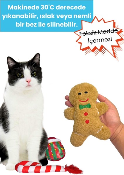 Yılbaşı Temalı Kedi Oyuncak Seti Hışırtılı Kurabiye, Ponponlu Terlik ve Çıngıraklı Baston Şeker indirimleri