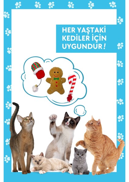 Yılbaşı Temalı Kedi Oyuncak Seti Hışırtılı Kurabiye, Ponponlu Terlik ve Çıngıraklı Baston Şeker