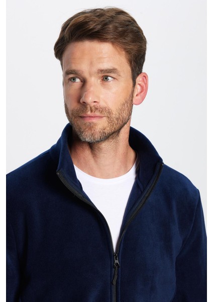 Unisex Standart Fit Tam Fermuarlı Tüylenme Yapmayan Soğuk Geçirmez Lacivert Dik Yaka Polar Sweatshirt