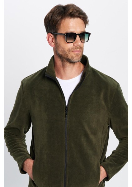Standart Fit Tam Fermuarlı Tüylenme Yapmayan Soğuk Geçirmez Haki Dik Yaka Polar Sweatshirt