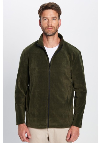 Standart Fit Tam Fermuarlı Tüylenme Yapmayan Soğuk Geçirmez Haki Dik Yaka Polar Sweatshirt indirimleri