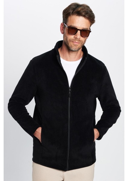 Standart Fit Tam Fermuarlı Tüylenme Yapmayan Soğuk Geçirmez Siyah Dik Yaka Polar Sweatshirt