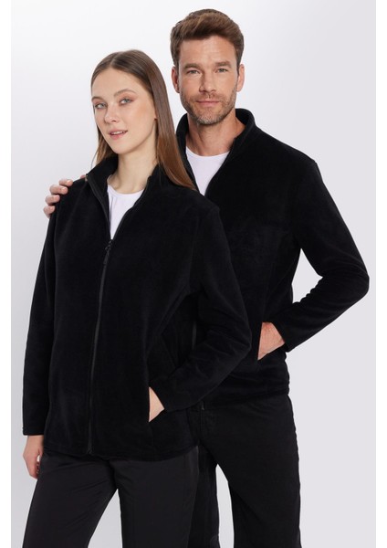 Standart Fit Tam Fermuarlı Tüylenme Yapmayan Soğuk Geçirmez Siyah Dik Yaka Polar Sweatshirt