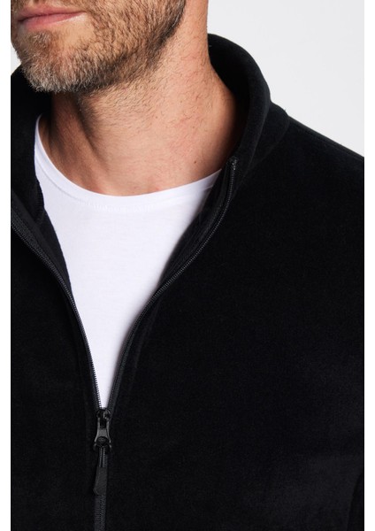 Standart Fit Tam Fermuarlı Tüylenme Yapmayan Soğuk Geçirmez Siyah Dik Yaka Polar Sweatshirt