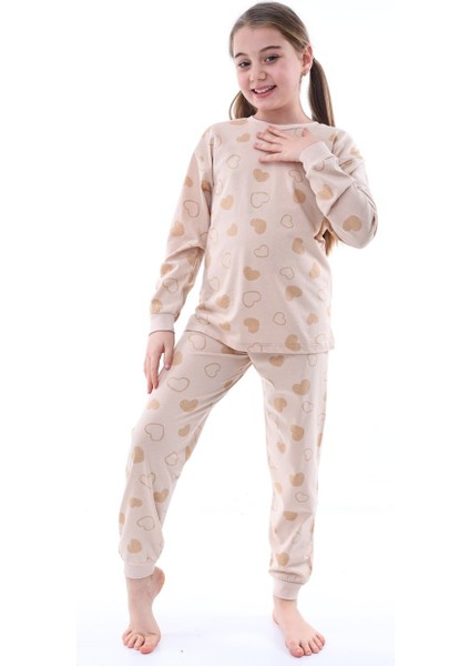 Pamuk Süprem Penye Kumaş Kalp Desenli Uzun Kollu Kız Çocuk Pijama Takımı (8,9,10,11,12,13 Yaş)