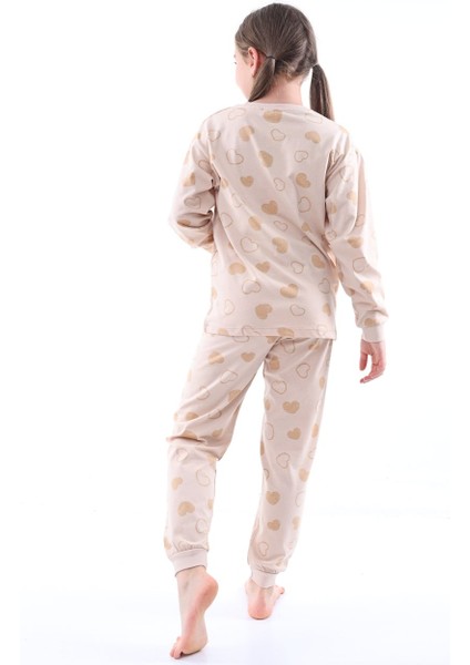 Pamuk Süprem Penye Kumaş Kalp Desenli Uzun Kollu Kız Çocuk Pijama Takımı (8,9,10,11,12,13 Yaş)