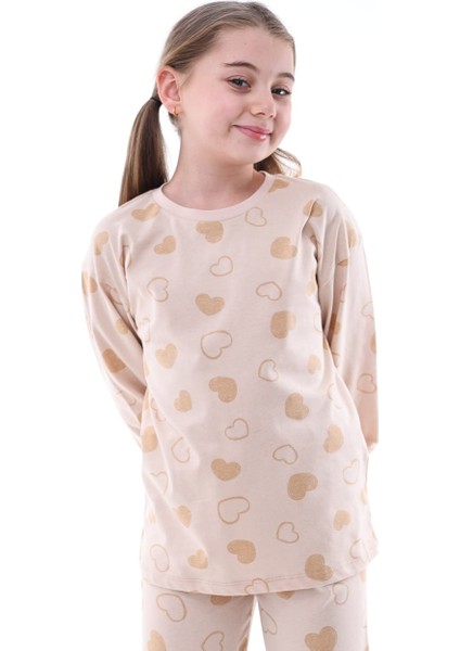 Pamuk Süprem Penye Kumaş Kalp Desenli Uzun Kollu Kız Çocuk Pijama Takımı (8,9,10,11,12,13 Yaş)