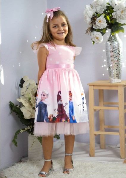Kız Çocuk Baskılı Elsa Elbise Pembe