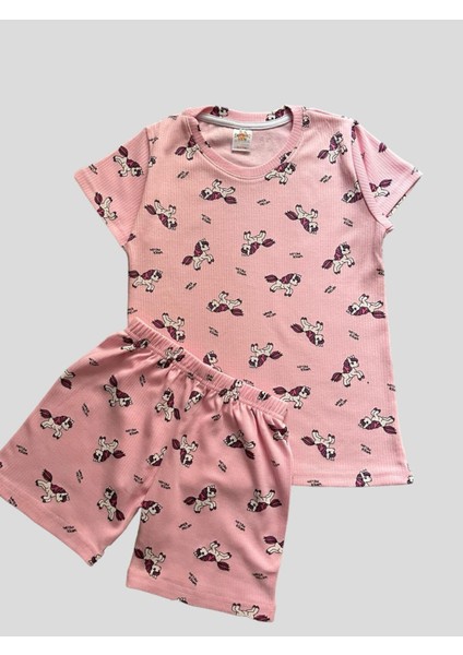 Kız Çocuk Pamuklu Unıcorn Desenli Fitilli Kumaş Kısa Kollu Şortlu Pijama Takımı