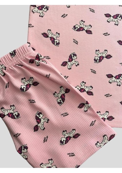 Kız Çocuk Pamuklu Unıcorn Desenli Fitilli Kumaş Kısa Kollu Şortlu Pijama Takımı