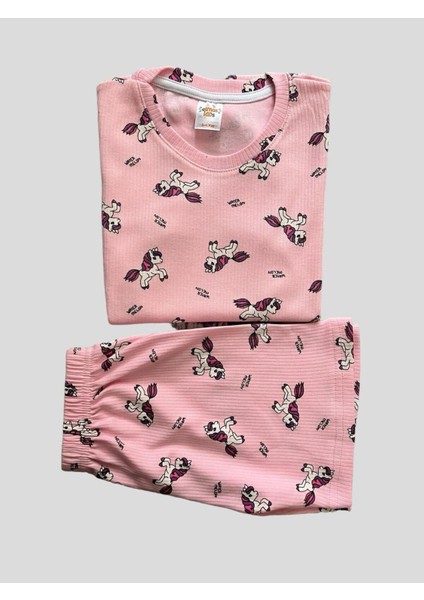 Kız Çocuk Pamuklu Unıcorn Desenli Fitilli Kumaş Kısa Kollu Şortlu Pijama Takımı