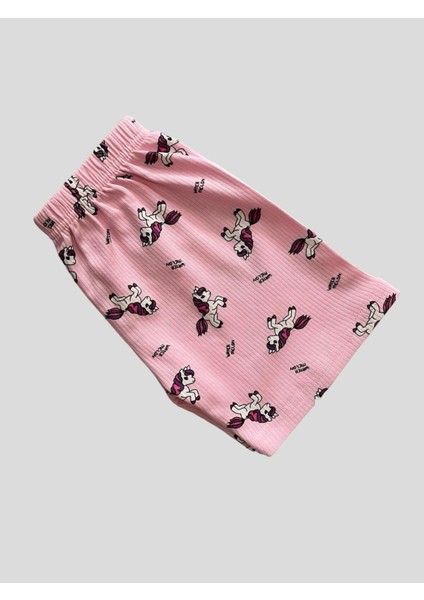 Kız Çocuk Pamuklu Unıcorn Desenli Fitilli Kumaş Kısa Kollu Şortlu Pijama Takımı