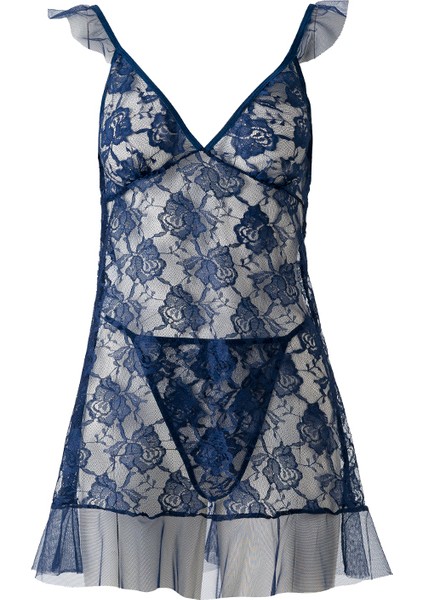 "el Major Dantel Detaylı Transparan Babydoll Gecelik - Çiçek Desenli, Volan Kollu