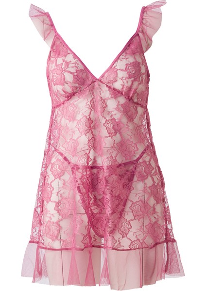 "el Major Dantel Detaylı Transparan Babydoll Gecelik - Çiçek Desenli, Volan Kollu