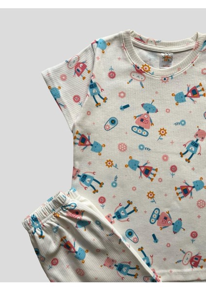 Kız Çocuk Pamuklu Fitilli Robot Desenli Beyaz Kısa Kollu Şortlu Yazlık Pijama Takımı