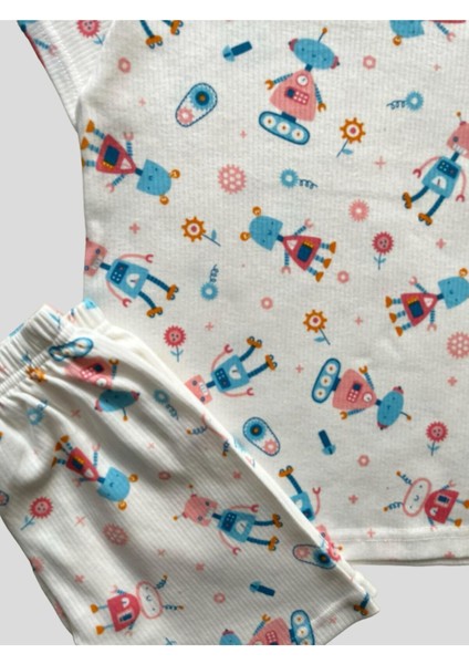Kız Çocuk Pamuklu Fitilli Robot Desenli Beyaz Kısa Kollu Şortlu Yazlık Pijama Takımı