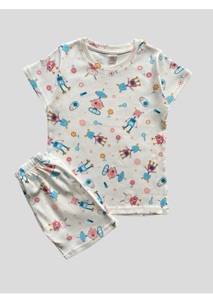 Kız Çocuk Pamuklu Fitilli Robot Desenli Beyaz Kısa Kollu Şortlu Yazlık Pijama Takımı