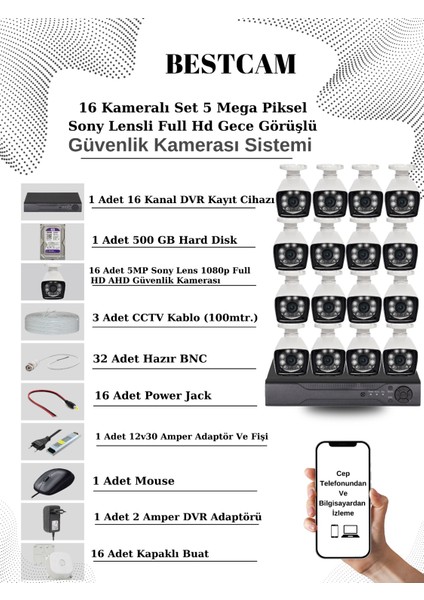 16 Kameralı Set 5 Mega Piksel Sony Lensli Full Hd Gece Görüşlü Güvenlik Kamera Seti 500 GB Hard Disk