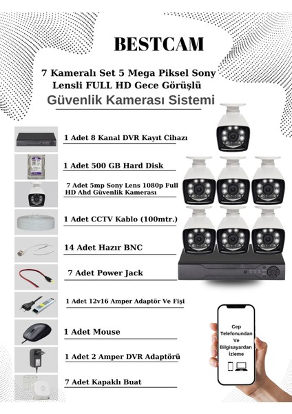 7 Kameralı Set 5 Mega Piksel Sony Lensli Full Hd Gece Görüşlü Güvenlik Kamera Seti 500 GB Hard Disk