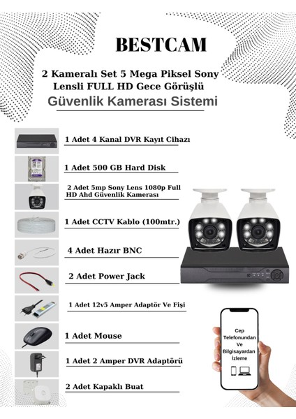 2 Kameralı Set 5 Mega Piksel Sony Lensli Full Hd Gece Görüşlü Güvenlik Kamera Seti 500 GB Hard Disk