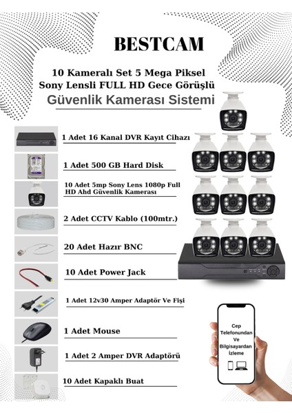 10 Kameralı Set 5 Mega Piksel Sony Lensli Full Hd Gece Görüşlü Güvenlik Kamera Seti 500 GB Hard Disk