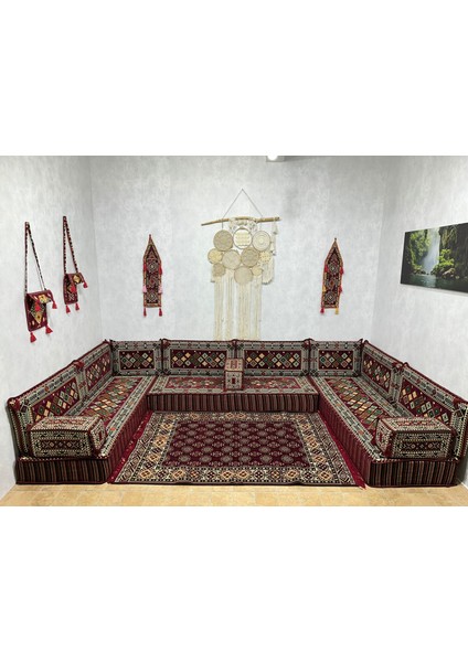 Şark Köşesi Şili Desenli Lüx Minder Takımı Bordo 19 Parça