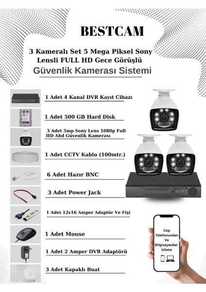 3 Kameralı Set 5 Mega Piksel Sony Lensli Full Hd Gece Görüşlü Güvenlik Kamera Seti 500 GB Hard Disk
