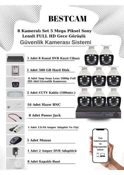 8 Kameralı Set 5 Mega Piksel Sony Lensli Full Hd Gece Görüşlü Güvenlik Kamera Seti 500 GB Hard Disk