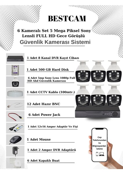 6 Kameralı Set 5 Mega Piksel Sony Lensli Full Hd Gece Görüşlü Güvenlik Kamera Seti 500 GB Hard Disk