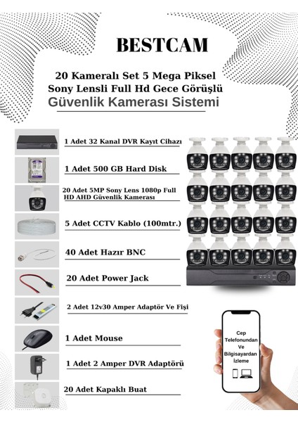 20 Kameralı Set 5 Mega Piksel Sony Lensli Full Hd Gece Görüşlü Güvenlik Kamera Seti 500 GB Hard Disk