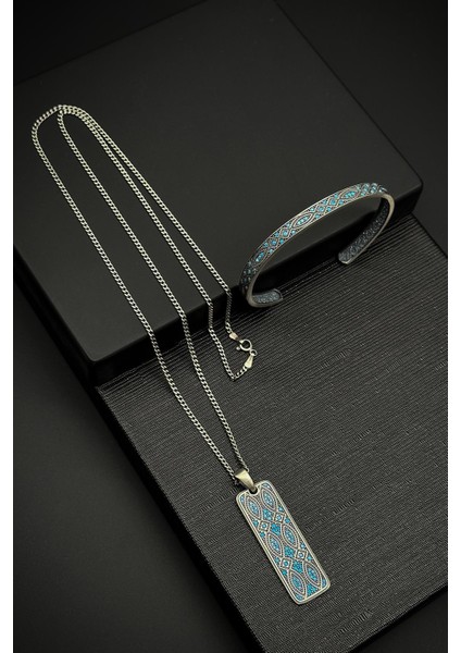 925 Ayar Gümüş Italyan Model Turkuaz Renk Erkek Bileklik/kolye Set FRJ12249-3249-M