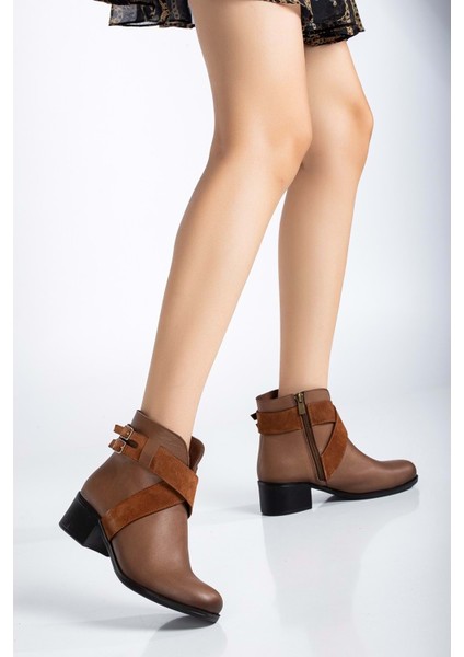 Kadın Deri Çapraz Süet Detaylı Tokalı Günlük Bot - Ceviz fiyatları