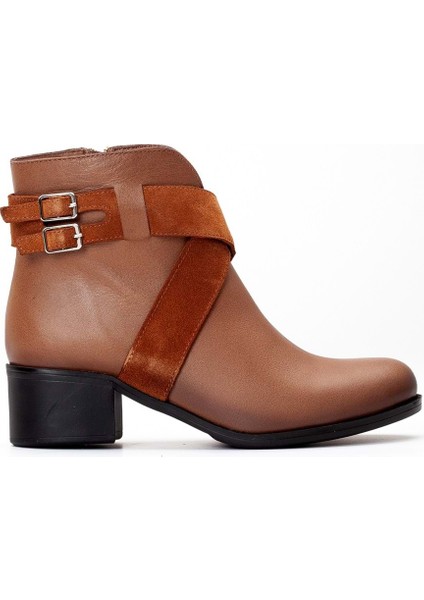 Kadın Deri Çapraz Süet Detaylı Tokalı Günlük Bot - Ceviz modelleri