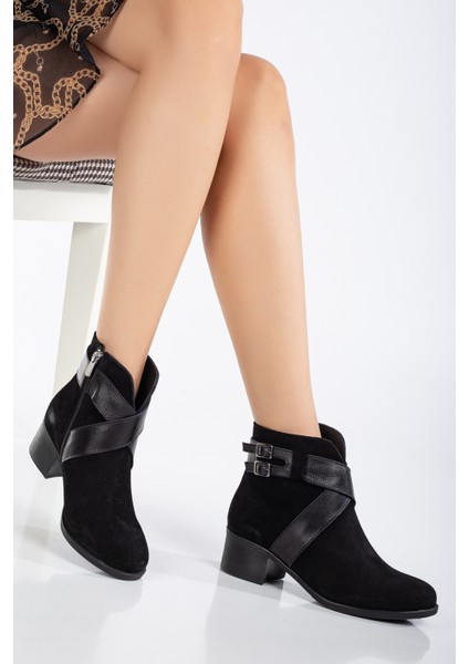 Kadın Deri Çapraz Tokalı Günlük Bot - Siyah Süet