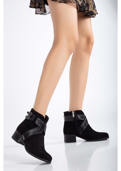 Kadın Deri Çapraz Tokalı Günlük Bot - Siyah Süet fiyatları