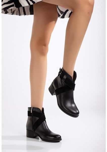 Kadın Deri Çapraz Süet Detaylı Tokalı Günlük Bot - Siyah fiyatları
