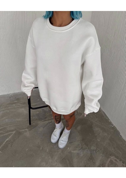 Kışlık Bisiklet Yaka Üç Iplik Basic Sweatshirt - Beyaz